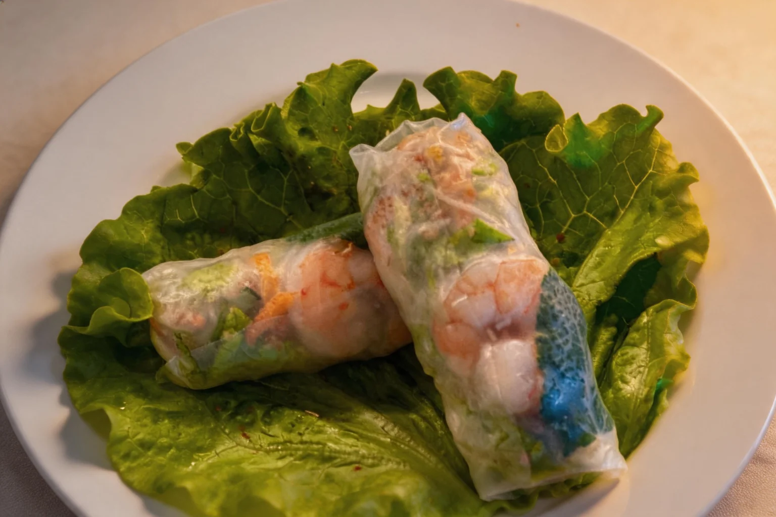 Fresh spring rolls with prawns on a lettuce leaf